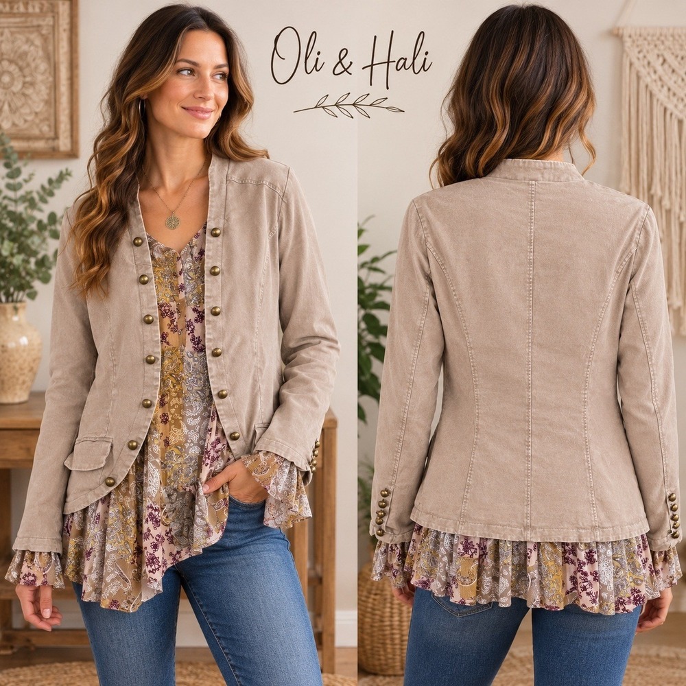 Oli & Hali Tan Military Ruffle Paisley Jacket Khaki Boho Size Medium